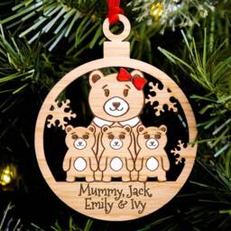 Single Mum Family Christmas Tree Decoration, Cute Bear, Personalised Engraved Xmas Bauble, Secret Santa, 3 Children Kids Son Daughter Mummy - thumbnail 2