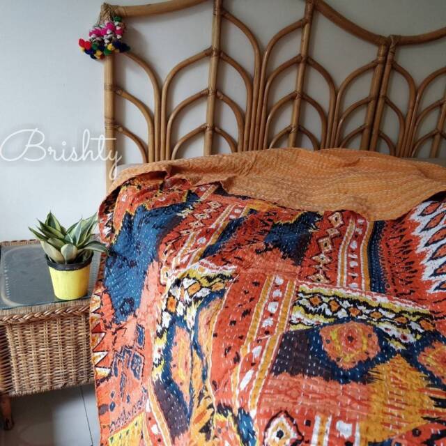 Orange Navy Fall Boho Kantha Throw Quilt, Coverlet, Orange Table Cover, Colorful Throw, Discount - image 1