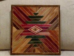 Wood Wall Art Sculpture Featuring Geometric Oak & Pine Beveled Trim Strips Stained in A Variety Of Colors