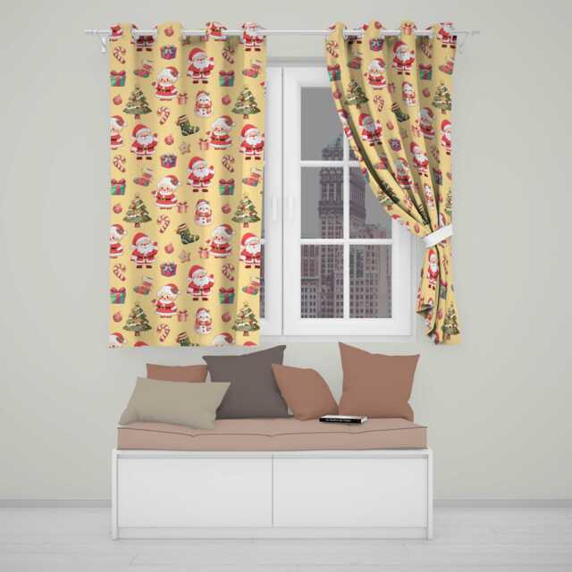 Cute Santa Claus Mrs Snowman Gift Candy On Beige Background Seamless Readymade Eyelet Ring Top Thermal 100% Blackout Curtains - image 1