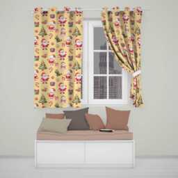 Cute Santa Claus Mrs Snowman Gift Candy On Beige Background Seamless Readymade Eyelet Ring Top Thermal 100% Blackout Curtains - thumbnail 1