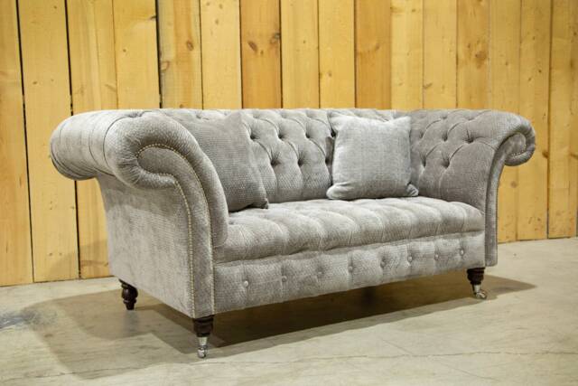 British Handmade Grey Waffle Diamond Velvet 2 Seater Chesterfield Sofa - image 1