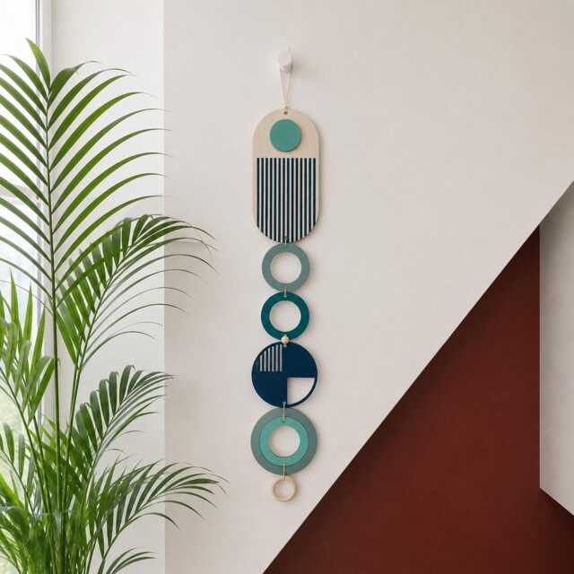 Blue Modern Wall Art - Geometric Artwork Minimal Home Decor New Trend Slim Line Long Tapestry Wood - image 1