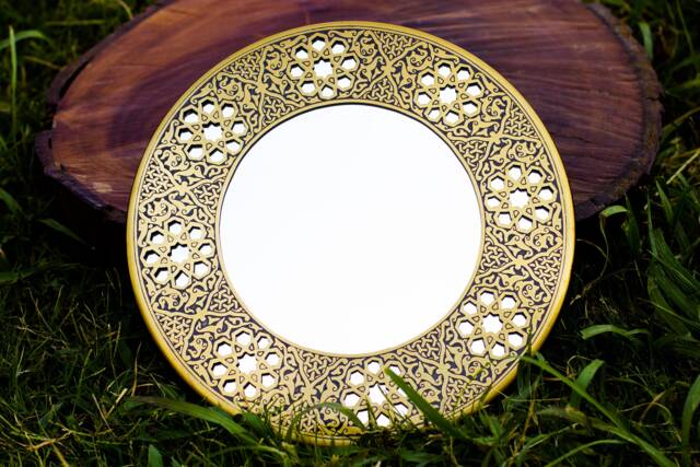 Charming Brass Mirror Egyptian Art Hand Forged & Etched Antique - Oriental Geometry Patterns Wall Geometric Pattern Works - image 1
