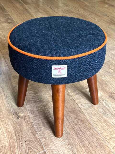 Navy Blue Harris Tweed Footstool With Orange Piping & Dark Varnished Wooden Legs - image 1