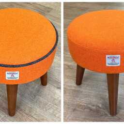 Navy Blue Harris Tweed Footstool With Orange Piping & Dark Varnished Wooden Legs - thumbnail 4