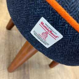 Navy Blue Harris Tweed Footstool With Orange Piping & Dark Varnished Wooden Legs - thumbnail 2