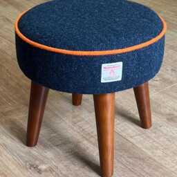 Navy Blue Harris Tweed Footstool With Orange Piping & Dark Varnished Wooden Legs - thumbnail 3