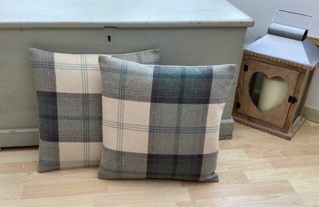 Handmade Pair Balmoral Jade Green, Grey Tartan Tweed Plaid Wool Effect Fabric Duck Feather Cushion Pillow - image 1