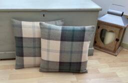 Handmade Pair Balmoral Jade Green, Grey Tartan Tweed Plaid Wool Effect Fabric Duck Feather Cushion Pillow - thumbnail 1