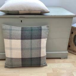 Handmade Pair Balmoral Jade Green, Grey Tartan Tweed Plaid Wool Effect Fabric Duck Feather Cushion Pillow - thumbnail 2