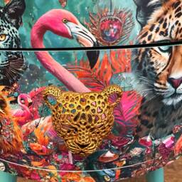 Leopard & Flamingo Bedside Table, Teal Mint Gold Jewel Design Nightstand, Cheetah With Legs , End Table - thumbnail 2