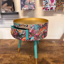 Leopard & Flamingo Bedside Table, Teal Mint Gold Jewel Design Nightstand, Cheetah With Legs , End Table - thumbnail 3