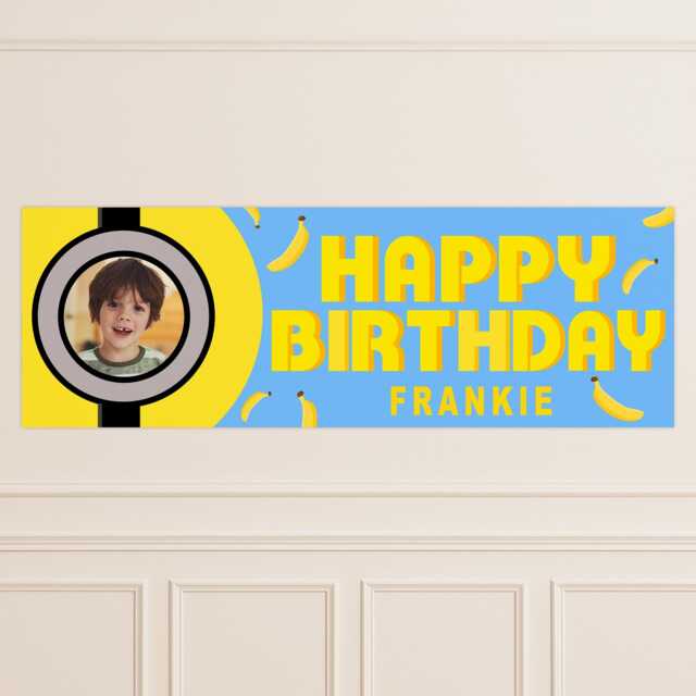 Personalised Birthday Banner - Bello Banana - Cartoon Theme Blue & Yellow Decor Custom Name & Photo Meme Party - image 1