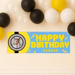 Personalised Birthday Banner - Bello Banana - Cartoon Theme Blue & Yellow Decor Custom Name & Photo Meme Party - thumbnail 2