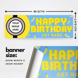 Personalised Birthday Banner - Bello Banana - Cartoon Theme Blue & Yellow Decor Custom Name & Photo Meme Party - thumbnail 3