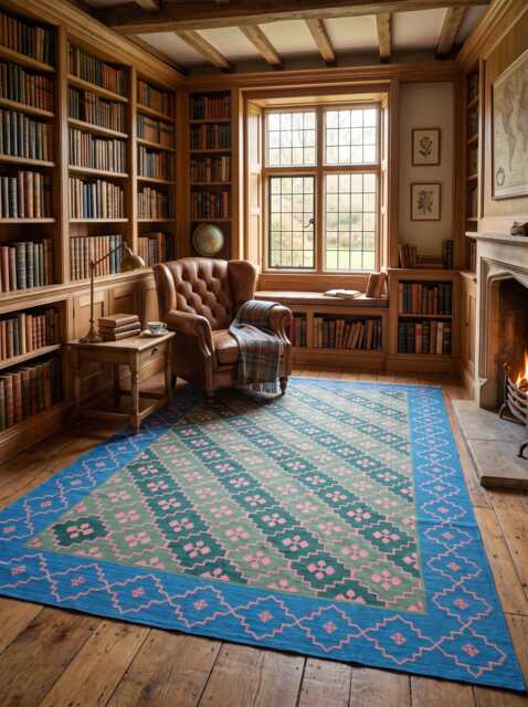Blue Border Geometric Rug - 9x12Ft Handwoven Cotton Area With Pink Motif Pattern For Living Room & Designer Interiors in Custom Options - image 1