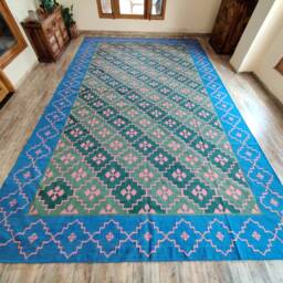 Blue Border Geometric Rug - 9x12Ft Handwoven Cotton Area With Pink Motif Pattern For Living Room & Designer Interiors in Custom Options - thumbnail 2