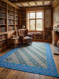 Blue Border Geometric Rug - 9x12Ft Handwoven Cotton Area With Pink Motif Pattern For Living Room & Designer Interiors in Custom Options - thumbnail 1