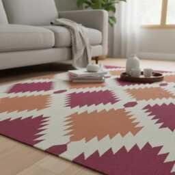 Handwoven Wool Kilim Rug, Modern Pink & Peach Geometric Runner - thumbnail 2