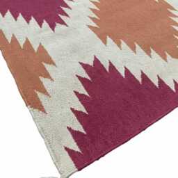 Handwoven Wool Kilim Rug, Modern Pink & Peach Geometric Runner - thumbnail 4