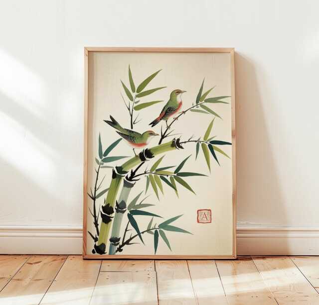 Bamboo Bird Print - Japanese Wall Art Oriental Nature Poster - image 1
