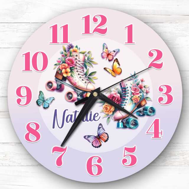 Girls Floral Roller Skate Skating Personalised Gift For Kid's Bedroom Clock - Kids Clock, Children's , Custom Wall - image 1
