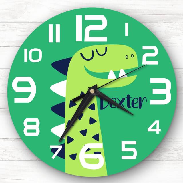 Kids Boys Room Green Dinosaur Custom Gift Personalised Clock - image 1