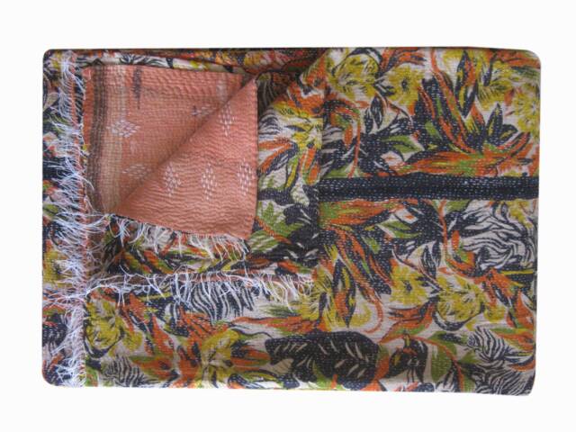 Vintage Kantha Quilt Reversible Hand-Embroidered Indian Throw - image 1