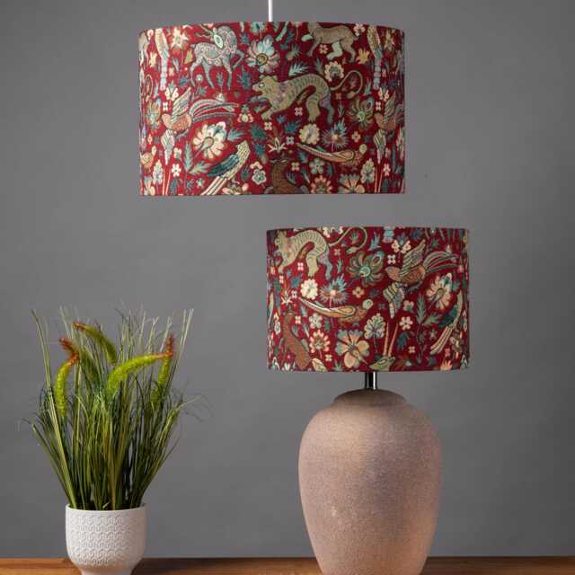 Mythical Animals Lampshade in Red. Classic William Morris Inspired Animal Design. Cylinder Style Shade. 30cm & 40cm Sizes Available - image 1