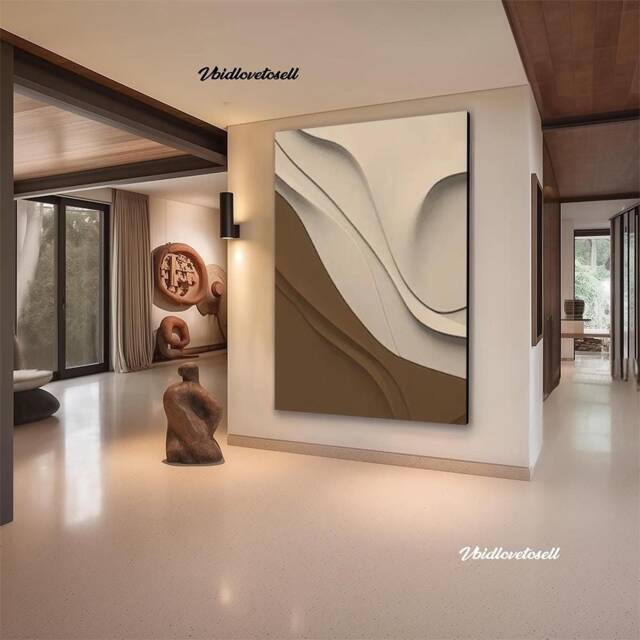 Textured Black & Beige Sculpture - Modern 3D Wood Carving - image 1