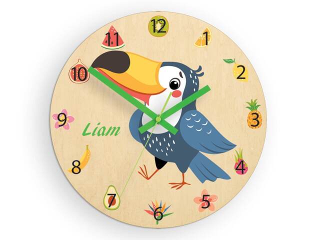 Children Wall Clock - Toucan With Personalizen Name, Wooden Clock, Fruits, Numbers, Gift, Funny Clock, Kids Boy - image 1