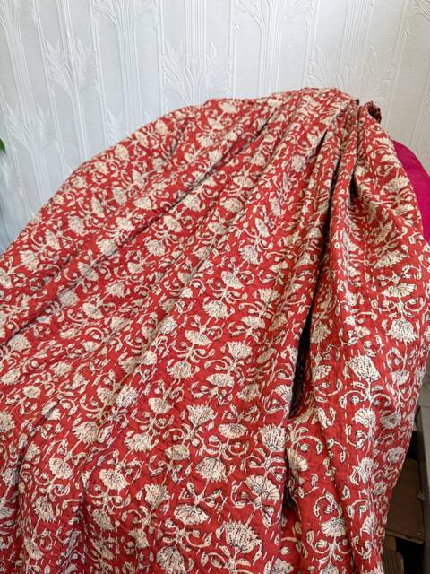 Kantha Stitch Bagru Hand-Print Pure Cotton Reversible Bed/Sofa Throw King Size - Handmade Floral Dohar Earthen Autumn Red Beige Lotus - image 1