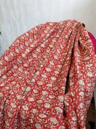 Kantha Stitch Bagru Hand-Print Pure Cotton Reversible Bed/Sofa Throw King Size - Handmade Floral Dohar Earthen Autumn Red Beige Lotus - thumbnail 1