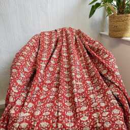 Kantha Stitch Bagru Hand-Print Pure Cotton Reversible Bed/Sofa Throw King Size - Handmade Floral Dohar Earthen Autumn Red Beige Lotus - thumbnail 3