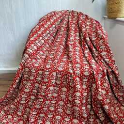 Kantha Stitch Bagru Hand-Print Pure Cotton Reversible Bed/Sofa Throw King Size - Handmade Floral Dohar Earthen Autumn Red Beige Lotus - thumbnail 4