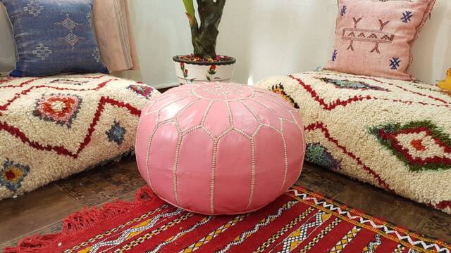 Stuffed Moroccan Leather Pouf, Pouf Ottoman, Handmade Floor Poof, Footstool, Ottoman Table, & Stools - image 1