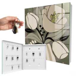 Beige Flowers Wall Mounted Key Cabinet, Industrial Box, Minimalist & Plants, For Nature Lovers - thumbnail 2