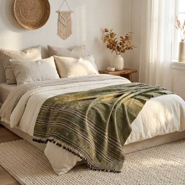 Olive Green Striped Indian Wool Throw Blanket, Handwoven Sofa Coverlet & Bed Runner - Garnet - image 1