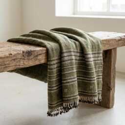 Olive Green Striped Indian Wool Throw Blanket, Handwoven Sofa Coverlet With Bed Accent - Garnet - thumbnail 1