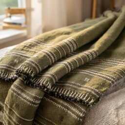 Olive Green Striped Indian Wool Throw Blanket, Handwoven Sofa Coverlet With Bed Accent - Garnet - thumbnail 3