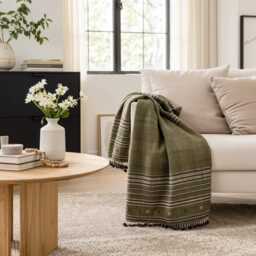 Olive Green Striped Indian Wool Throw Blanket, Handwoven Sofa Coverlet With Bed Accent - Garnet - thumbnail 4
