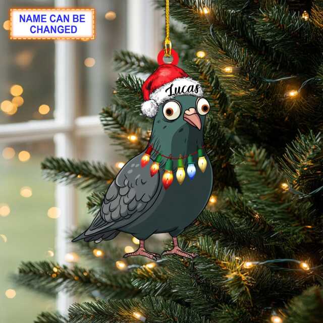 Custom Name Pigeon Bird With Santa Hat & Christmas Lights Ornament, Tree Hanging Decor, Flat 2D Ornament - image 1