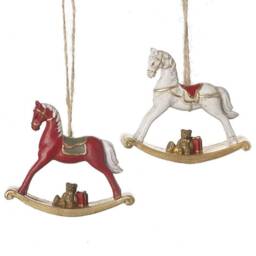 Red & White Rocking Horse Hanging Christmas Decorations Set Of 2 - Winter Wonderland Animals Toys Play Children Family Tree Gift Decor