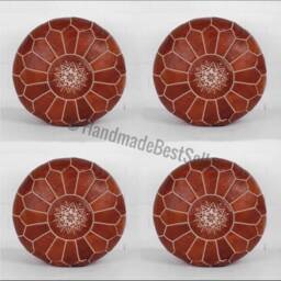 Set Of 4 Handmade Moroccan Leather Poufs - Natural Tan Ottoman - thumbnail 2