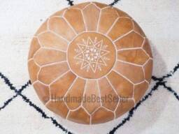 Set Of 4 Handmade Moroccan Leather Poufs - Natural Tan Ottoman - thumbnail 3