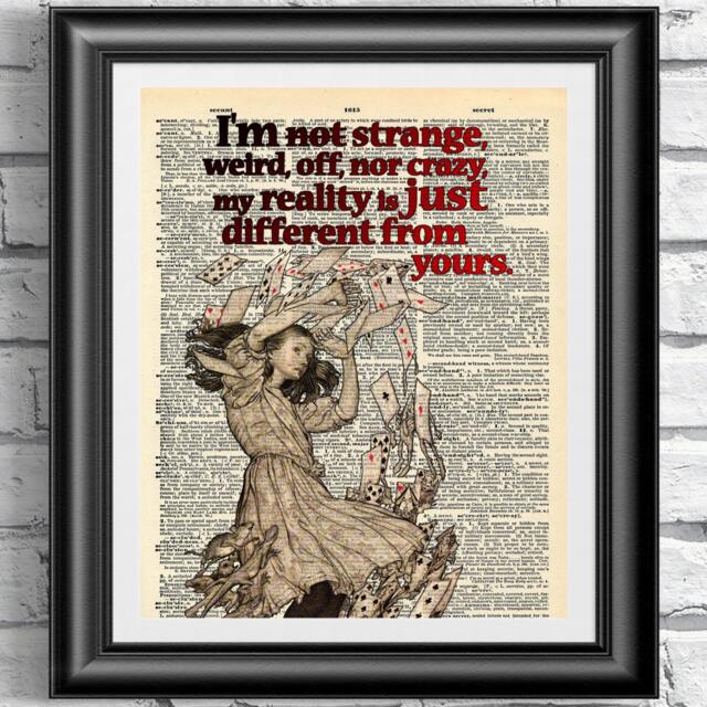 Art Print On Dictionary Book Page Alice in Wonderland. Inspirational Quotation Artwork Upcycled Media. Wall Art Vintage Alice - image 1