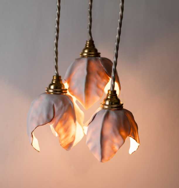Handmade Porcelain Bloom Pendant Light Trio Floral With Gold Accents - image 1