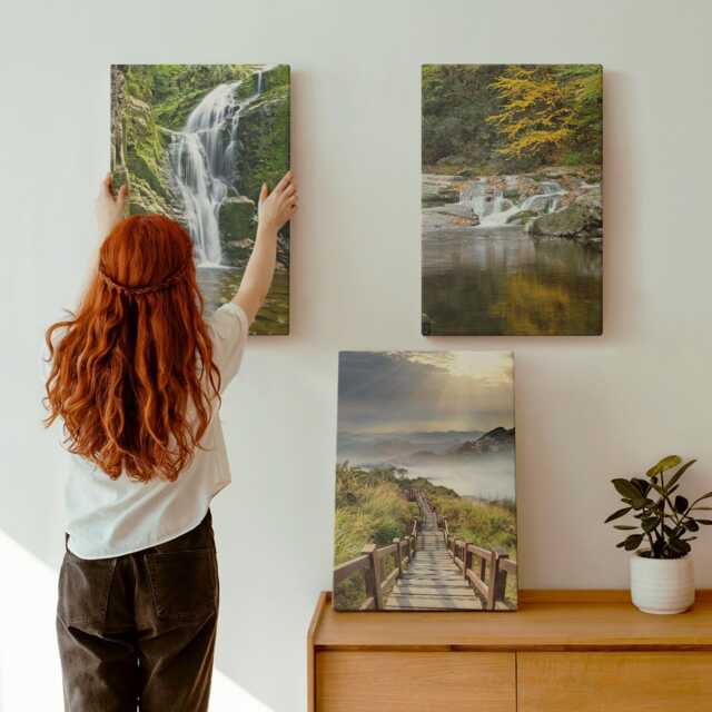 Canvas Art Set Of 3 - Waterfalls, Mountains, Cloud Paths & Autumn Views, Green Photo Print, Landscapes Wall Decor - image 1