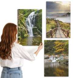 Canvas Art Set Of 3 - Waterfalls, Mountains, Cloud Paths & Autumn Views, Green Photo Print, Landscapes Wall Decor - thumbnail 3